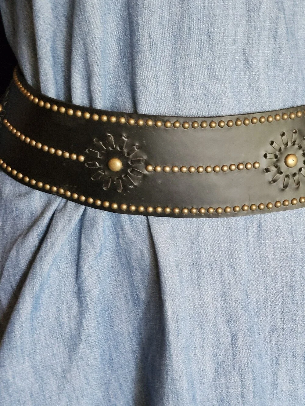 Studded And Laced Black Leather Contour Belt with Antique Brass Hardware